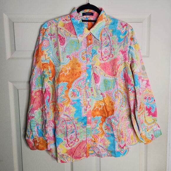 Chaps Womens Button Down Long Sleeve Blouse Large Paisley Preppy Colorful - Picture 1 of 13